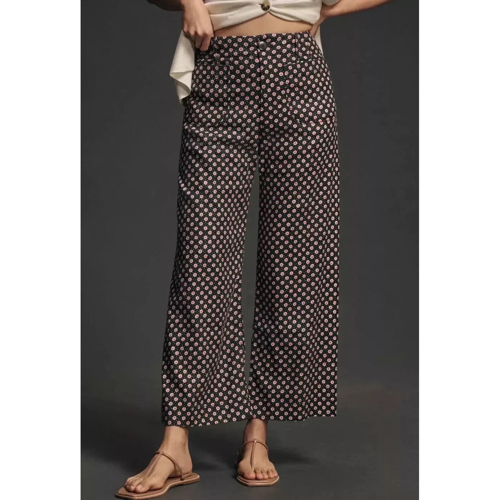 Maeve Anthropologie The Colette Wide Leg Floral Sunburst Crop Pants Black Red 24